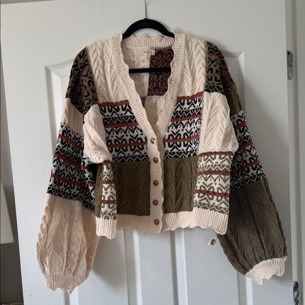POL Cropped Patchwork Cable Cardigan - Cream & Olive with Rust Accents